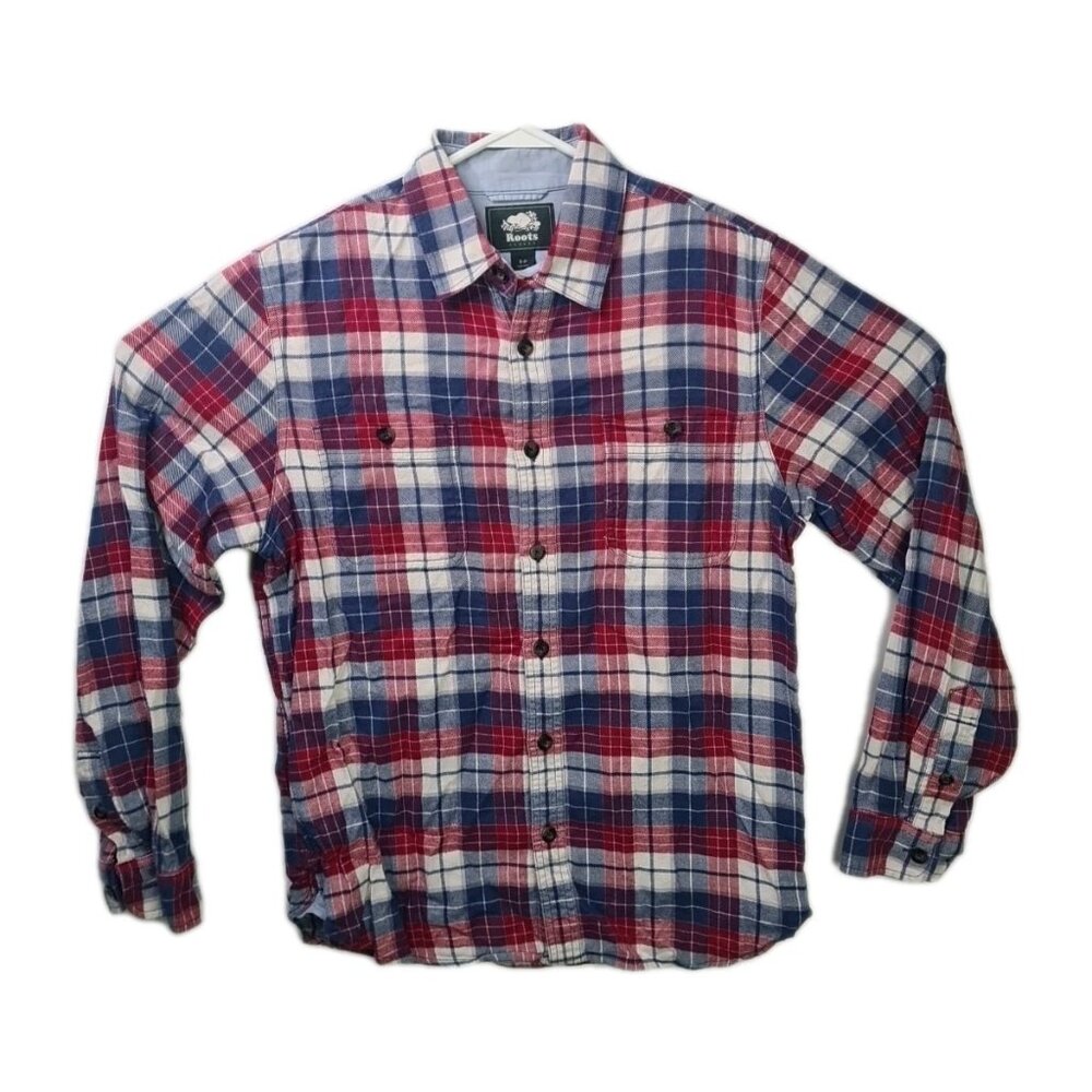 Roots Canada Mens Blue Shirt Plaid Cotton Long Sleeve Casual Size S